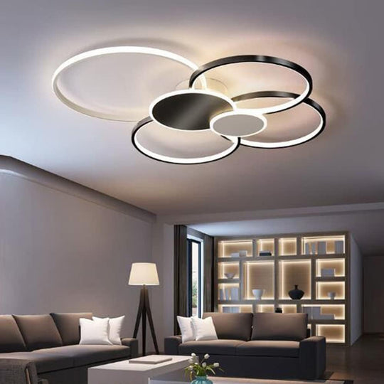 LED lustr s dálkovým ovládáním, KILLIAN, 74W, 6 kruhů, studené/teplé/neutrální světlo 3000K/4000K/6000K, stmívatelné, černobílé, kovové a akrylové LED lustry s dálkovým ovládáním Výchozí název Alessandro Design