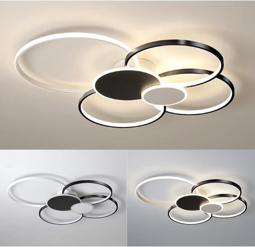 LED lustr s dálkovým ovládáním, KILLIAN, 74W, 6 kruhů, studené/teplé/neutrální světlo 3000K/4000K/6000K, stmívatelné, černobílé, kovové a akrylové LED lustry s dálkovým ovládáním Výchozí název Alessandro Design