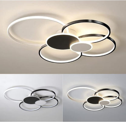 LED lustr s dálkovým ovládáním, KILLIAN, 74W, 6 kruhů, studené/teplé/neutrální světlo 3000K/4000K/6000K, stmívatelné, černobílé, kovové a akrylové LED lustry s dálkovým ovládáním Výchozí název Alessandro Design