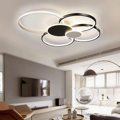 LED lustr s dálkovým ovládáním, KILLIAN, 74W, 6 kruhů, studené/teplé/neutrální světlo 3000K/4000K/6000K, stmívatelné, černobílé, kovové a akrylové LED lustry s dálkovým ovládáním Výchozí název Alessandro Design