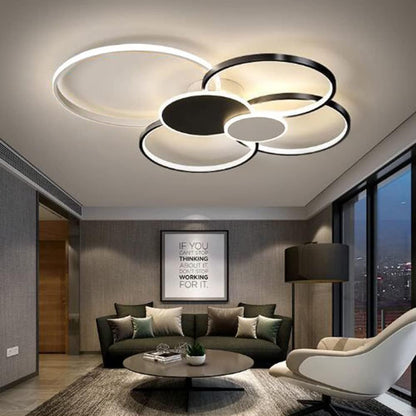 LED lustr s dálkovým ovládáním, KILLIAN, 74W, 6 kruhů, studené/teplé/neutrální světlo 3000K/4000K/6000K, stmívatelné, černobílé, kovové a akrylové LED lustry s dálkovým ovládáním Výchozí název Alessandro Design