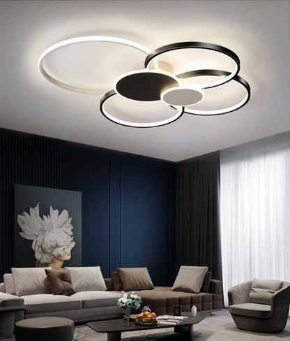 LED lustr s dálkovým ovládáním, KILLIAN, 74W, 6 kruhů, studené/teplé/neutrální světlo 3000K/4000K/6000K, stmívatelné, černobílé, kovové a akrylové LED lustry s dálkovým ovládáním Výchozí název Alessandro Design