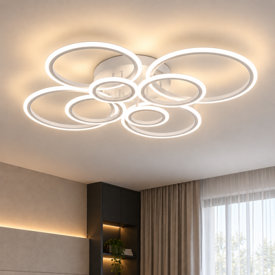 LED lustr s dálkovým ovládáním BETTY 127W, 8 kruhů, Studené/Teplé/Neutrální světlo, Stmívatelné, Bílá