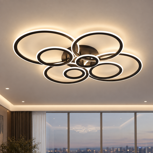 LED lustr s dálkovým ovládáním BETTY 127W, 8 kruhů, Studené/Teplé/Neutrální světlo, Stmívatelné, Černá
