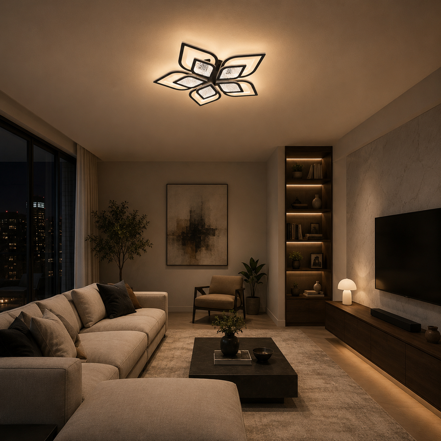 LED lustr s dálkovým ovládáním DALIA 96W, 5 okvětních lístků, Studené/Teplé/Neutrální světlo, Stmívatelné, Černá