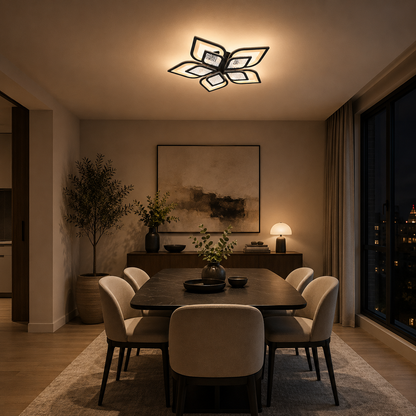 LED lustr s dálkovým ovládáním DALIA 96W, 5 okvětních lístků, Studené/Teplé/Neutrální světlo, Stmívatelné, Černá