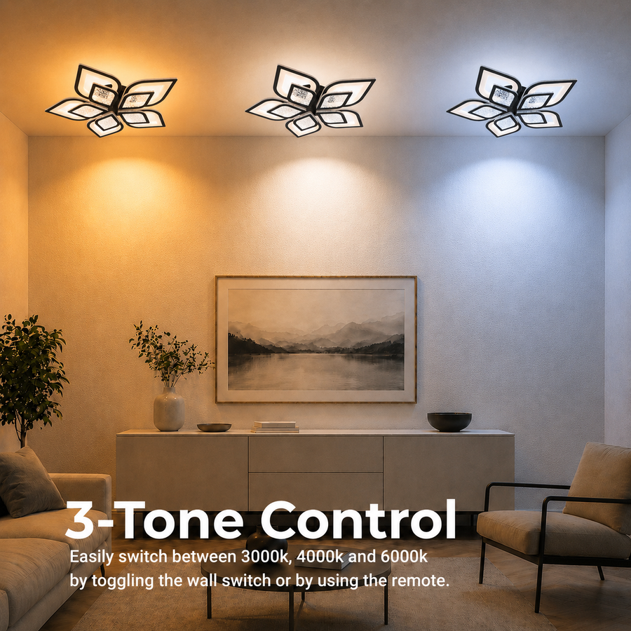 LED lustr s dálkovým ovládáním DALIA 96W, 5 okvětních lístků, Studené/Teplé/Neutrální světlo, Stmívatelné, Černá