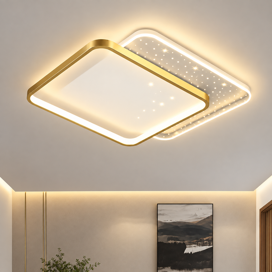 LED lustr s dálkovým ovládáním GILDRA 48W, 2 čtverce, studené/teplé/neutrální světlo, stmívatelný, zlatý