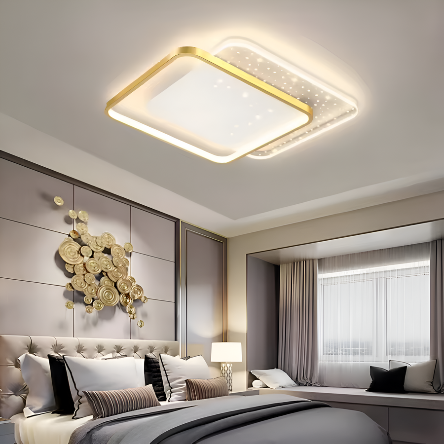 LED lustr s dálkovým ovládáním GILDRA 48W, 2 čtverce, studené/teplé/neutrální světlo, stmívatelné, zlaté LED lustry s dálkovým ovládáním Výchozí název Alessandro Design