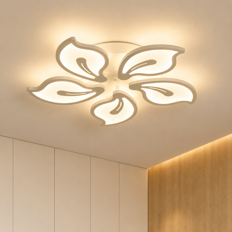 LED lustr s dálkovým ovládáním JASMINE 73W, 5 okvětních lístků, Studené/Teplé/Neutrální světlo, Stmívatelné, Bílá