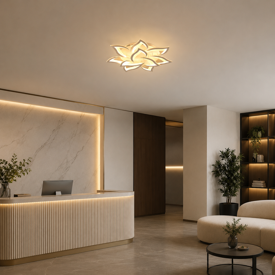 LED lustr s dálkovým ovládáním LOTUS 91W, 9 okvětních lístků, studené/teplé/neutrální světlo, stmívatelné, bílá
