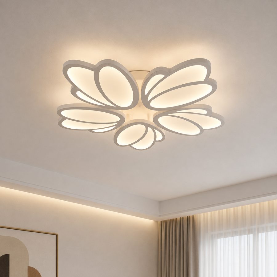 LED lustr s dálkovým ovládáním TULIP 81W, 5 okvětních lístků, Studené/Teplé/Neutrální světlo, Stmívatelné, Bílá