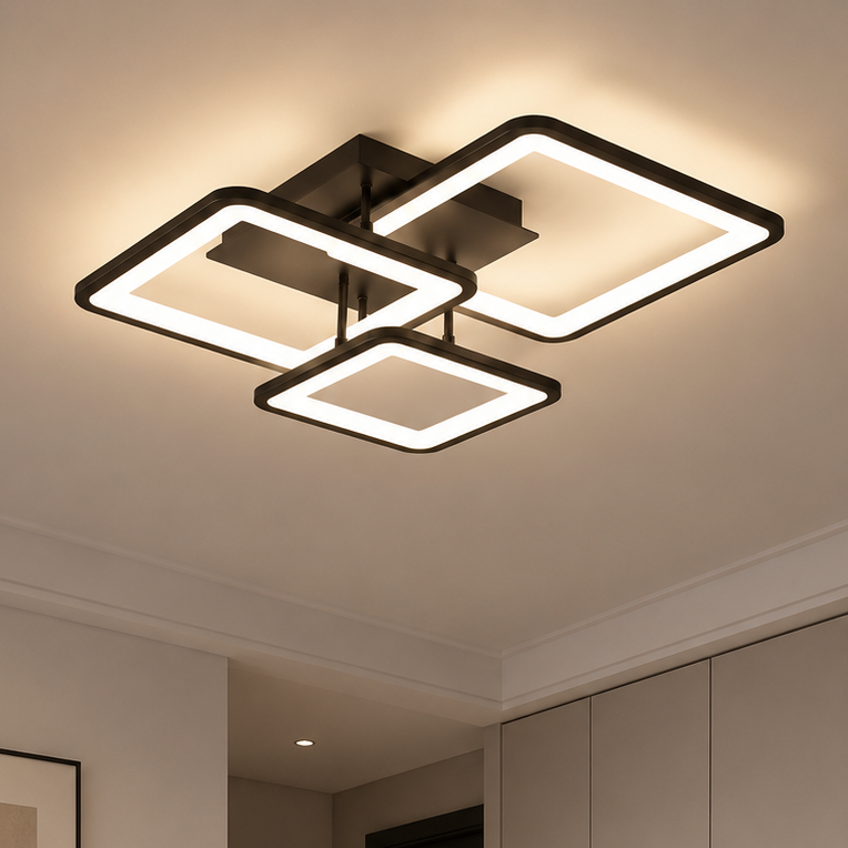 LED lustr s dálkovým ovládáním ZOE 60W, 3 čtverce, studené/teplé/neutrální světlo, stmívatelné, černá, kov a akryl