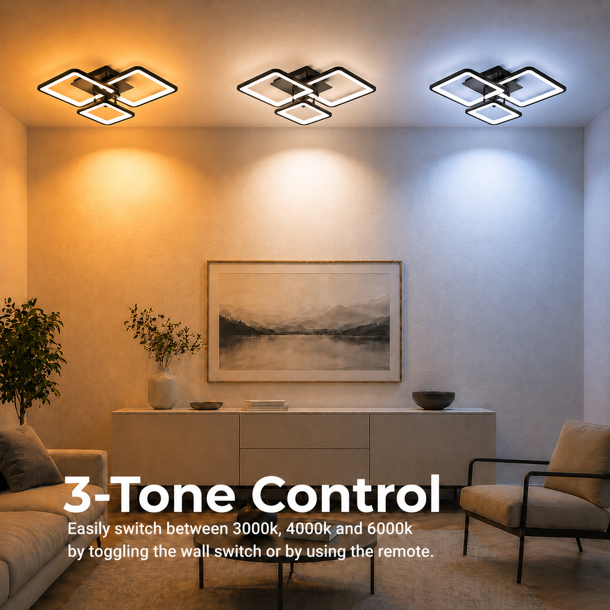 LED lustr s dálkovým ovládáním ZOE 60W, 3 čtverce, studené/teplé/neutrální světlo, stmívatelné, černé LED lustry s dálkovým ovládáním Výchozí název Alessandro Design