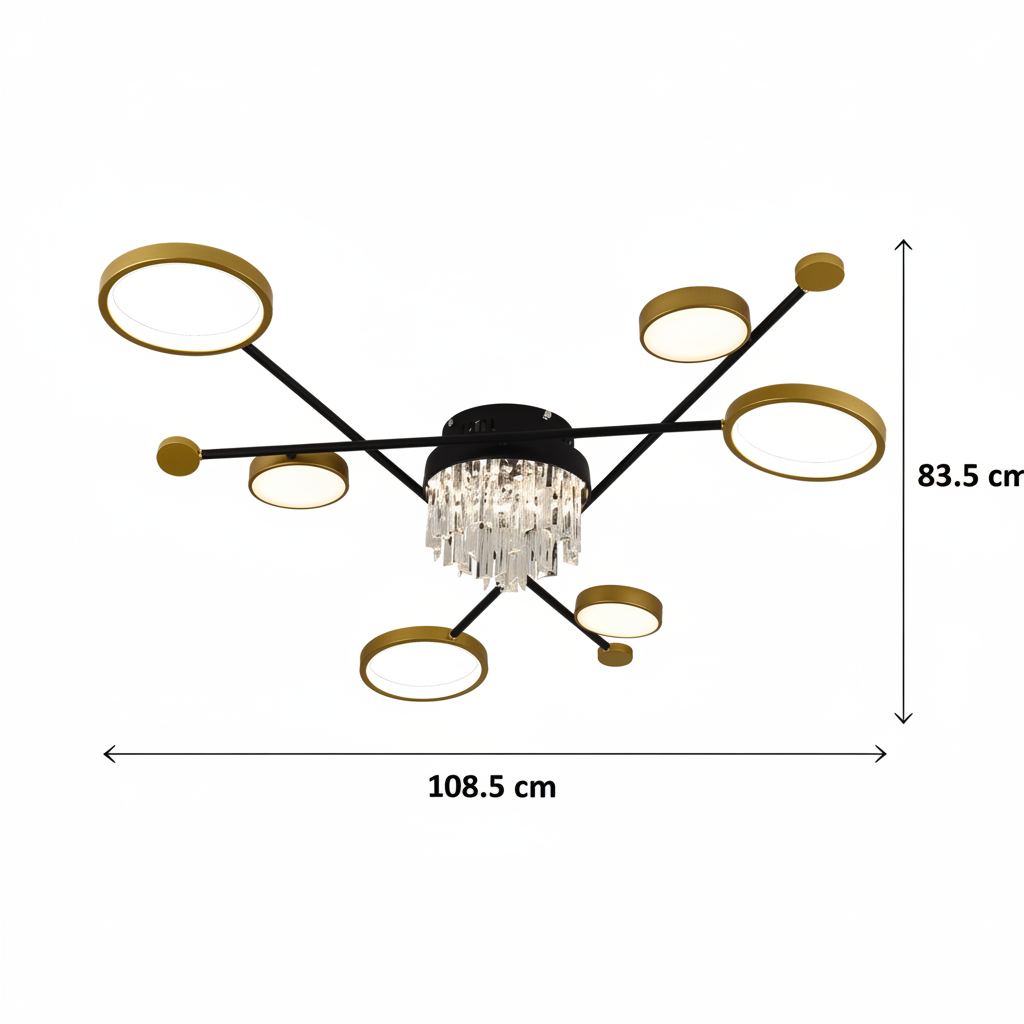 Lustra LED cu telecomanda si cristal GUIDA 38W, 6 Elemente, lumina Rece/Calda/Neutra, Dimabila, Negru Auriu Lustre LED cu Telecomanda Default Title Alessandro Design