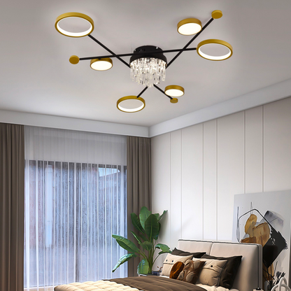 Lustra LED cu telecomanda si cristal GUIDA 38W, 6 Elemente, lumina Rece/Calda/Neutra, Dimabila, Negru Auriu Lustre LED cu Telecomanda Default Title Alessandro Design