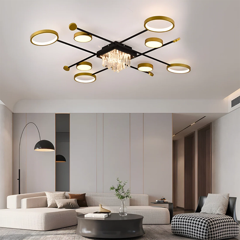 LED lustr s dálkovým ovládáním a krystalem GUIDA 48W, 8 prvků, studené/teplé/neutrální světlo, stmívatelné, černé zlato