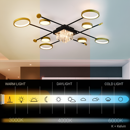 LED lustr s dálkovým ovládáním a krystalem GUIDA 46W, 8 prvků, studené/teplé/neutrální světlo, stmívatelné, černé zlato LED lustry s dálkovým ovládáním Výchozí název Alessandro Design