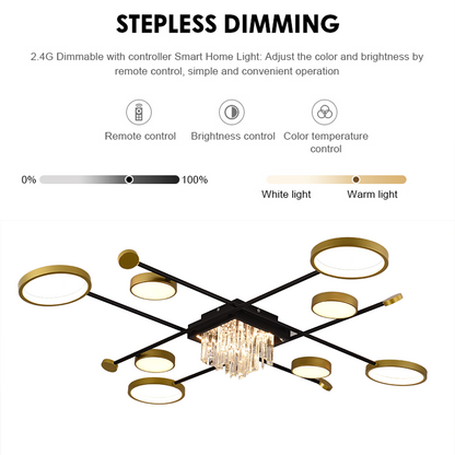LED lustr s dálkovým ovládáním a krystalem GUIDA 46W, 8 prvků, studené/teplé/neutrální světlo, stmívatelné, černé zlato LED lustry s dálkovým ovládáním Výchozí název Alessandro Design