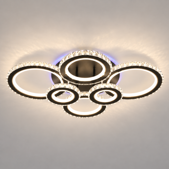 LED lustr s dálkovým ovládáním a krystalem NOVA ROTONDA RGB 145W, 6 kruhů, Studené/Teplé/Neutrální světlo, Stmívatelné, Černá