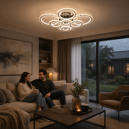 LED lustr s dálkovým ovládáním a krystalem NOVA ROTONDA RGB, 8 kruhů, studené/teplé/neutrální světlo, stmívatelný, lesklý chrom