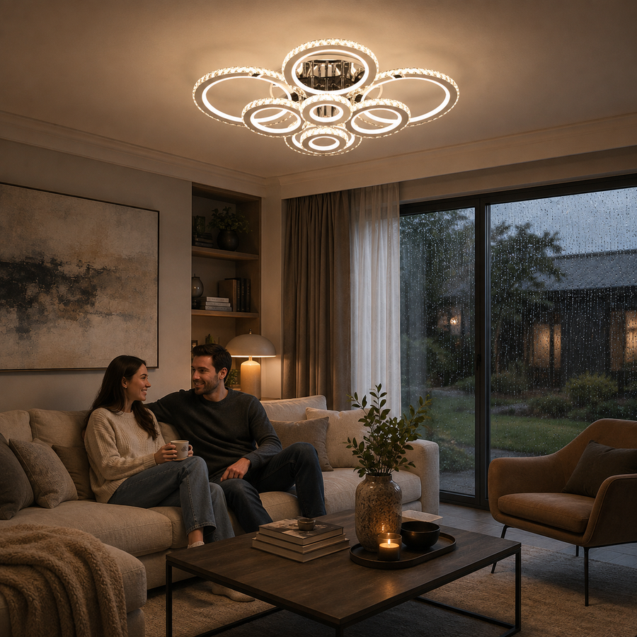 LED lustr s dálkovým ovládáním a krystalem NOVA ROTONDA RGB, 8 kruhů, studené/teplé/neutrální světlo, stmívatelný, lesklý chrom