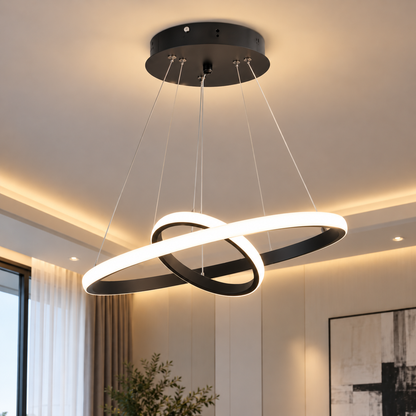 LED závěsný lustr RICCI 25W, 2 kruhy, studené/teplé/neutrální světlo, černý, výškově nastavitelný