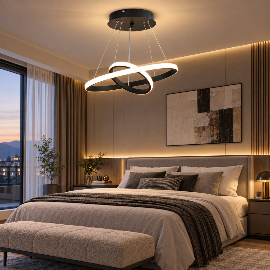 LED závěsný lustr RICCI 25W, 2 kruhy, studené/teplé/neutrální světlo, černý, výškově nastavitelný