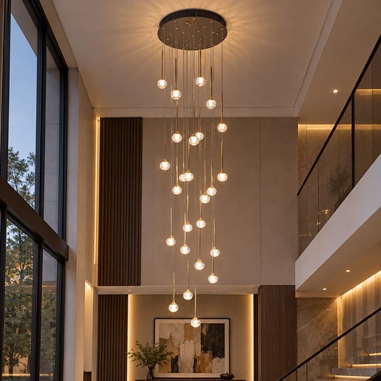 Závěsný LED lustr s dálkovým ovládáním GONDAR, 100W, Průměr 60cm, 25 prvků, Studené/Teplé/Neutrální světlo, Stmívatelné, Zlatá