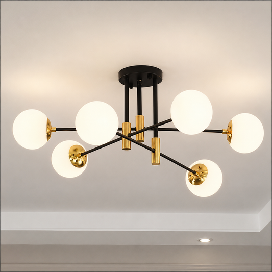 Kulatý bílý kulatý lustr, PENTHOUSE Lounge, 6xE27, černá / zlatá, kov