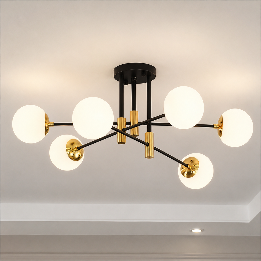 Kulatý bílý kulatý lustr, PENTHOUSE Lounge, 6xE27, černá / zlatá, kov