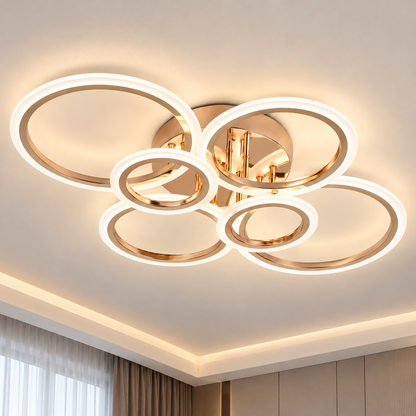 LED lustr s dálkovým ovládáním BETTY 81W, 6 kruhů, studené/teplé/neutrální světlo, stmívatelné, lesklé zlaté