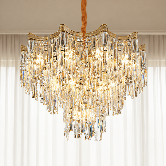 Křišťálový lustr VETRA Eleganza 9xE14, H50 cm, zlatý, nastavitelná výška, kov a křišťál