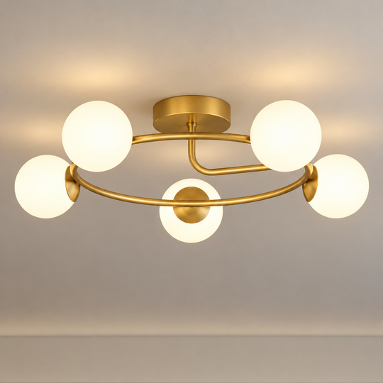LED a křišťálový lustr ORBIT, 72cm, 5xE27, Globes, Gold