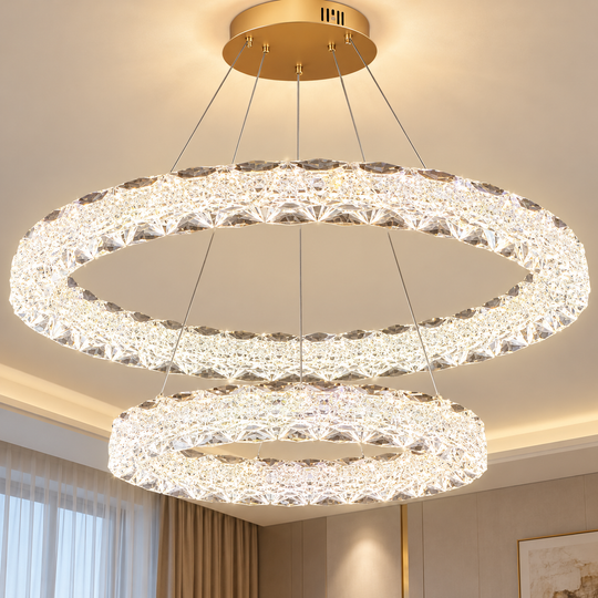 SHELP Crystal LED lustr s dálkovým ovládáním, 64W, teplé/neutrální/studené světlo, Φ60 cm, nastavitelná výška, kov a krystal, zlatá