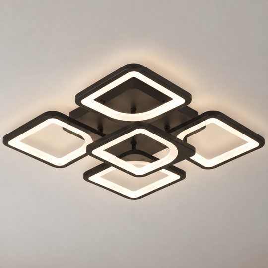 LED lustr s dálkovým ovládáním ZOE 65W, 5 čtverců, studené/teplé/neutrální světlo, stmívatelné, černá