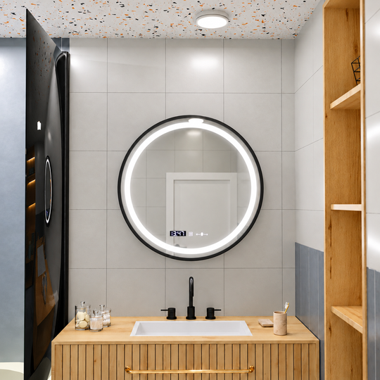 LED kulaté zrcadlo, 80 cm, Celeste Majesté Noir MotionGlow Marcello, Demister System, Hodiny & Teploměr, Stmívatelné