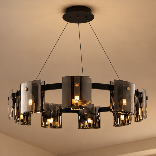 Moderní lustr, Valmontreux Largo, 8xG9, průměr 80 cm, černé a šedé krystaly, nastavitelná výška, kov a krystal