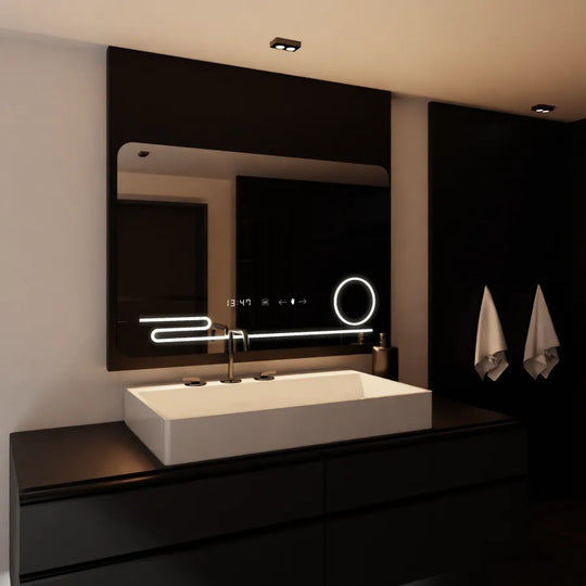 Obdélníkové LED zrcadlo, 120x80cm, Harmonie MotionGlow Marcello, systém odmlžování, hodiny a teploměr, kosmetická lupa, stmívatelná zrcátka Marcello Výchozí název Alessandro Design