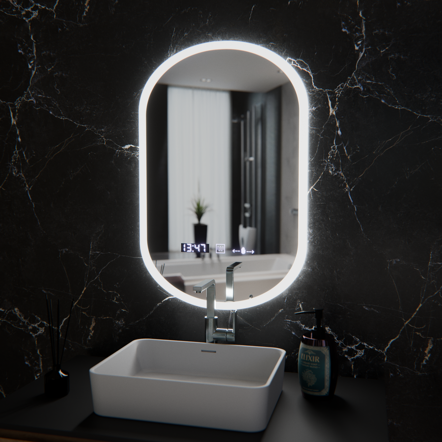 Oválné LED zrcadlo, 50x80cm, Lucia Marcello senzor, Demister System, Hodiny a teploměr, Dimabila Marcello Mirrors Výchozí název Alessandro Design