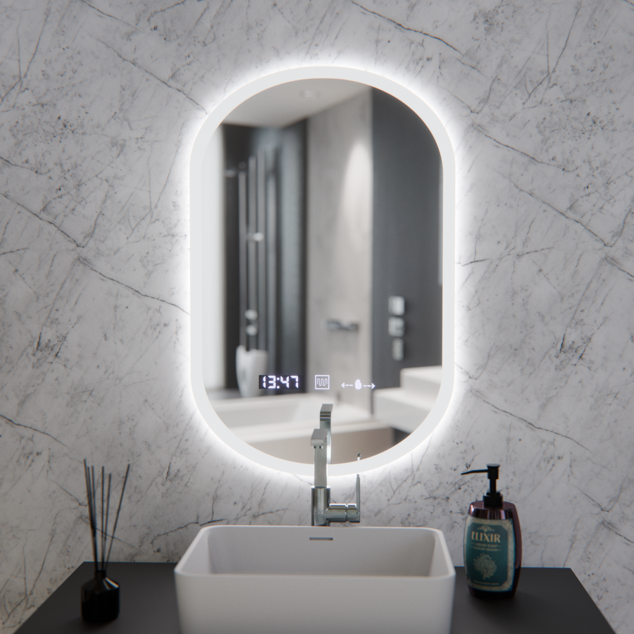 Oválné LED zrcadlo, 50x80cm, Lucia Marcello senzor, Demister System, Hodiny a teploměr, Dimabila Marcello Mirrors Výchozí název Alessandro Design