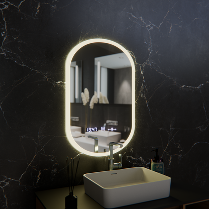 Oválné LED zrcadlo, 50x80cm, Lucia Marcello senzor, Demister System, Hodiny a teploměr, Dimabila Marcello Mirrors Výchozí název Alessandro Design