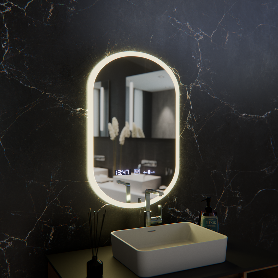 Oválné LED zrcadlo, 50x80cm, Lucia Marcello senzor, Demister System, Hodiny a teploměr, Dimabila Marcello Mirrors Výchozí název Alessandro Design