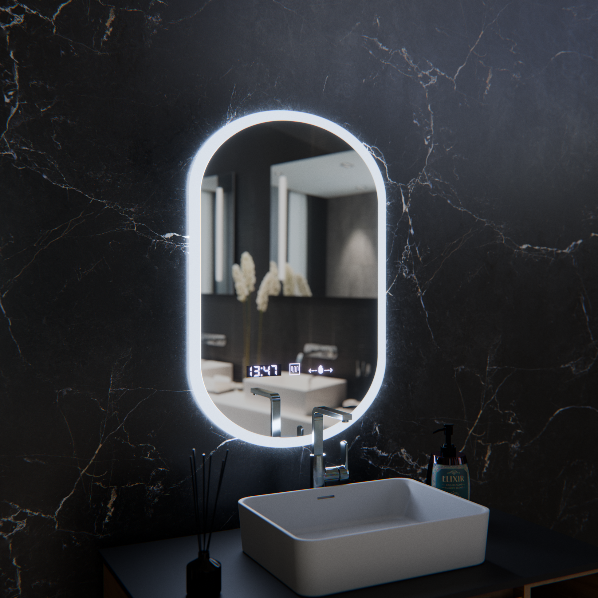 Oválné LED zrcadlo, 50x80cm, Lucia Marcello senzor, Demister System, Hodiny a teploměr, Dimabila Marcello Mirrors Výchozí název Alessandro Design