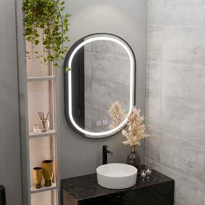 LED oválné zrcadlo 60x80cm VETRO Touch Dimmable Demister System, černý rám