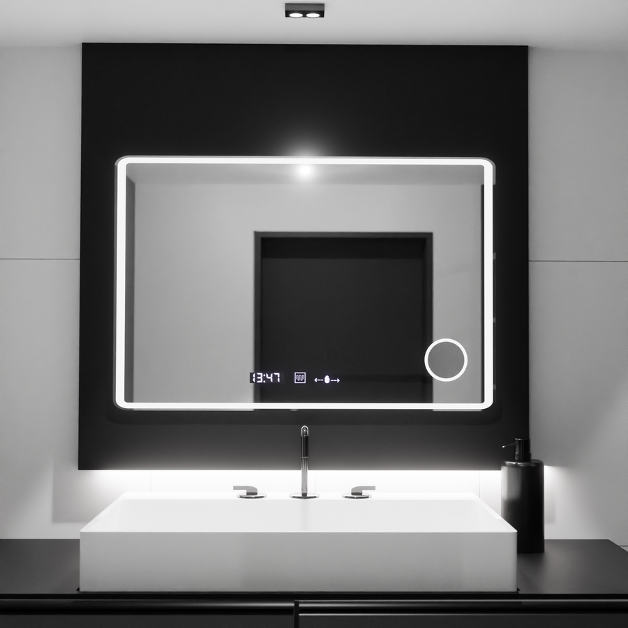 Obdélníkové LED zrcadlo 120x80 Aura Riflesso Puro MotionGlow Marcello, systém odmlžování, teploměr a hodiny, stmívatelná zrcátka Marcello Výchozí název Alessandro Design