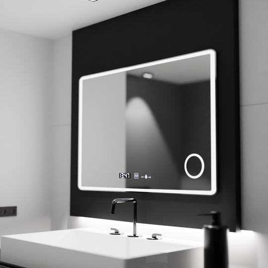 Obdélníkové LED zrcadlo 120x80 Aura Riflesso Puro MotionGlow Marcello, systém odmlžování, teploměr a hodiny, stmívatelná zrcátka Marcello Výchozí název Alessandro Design