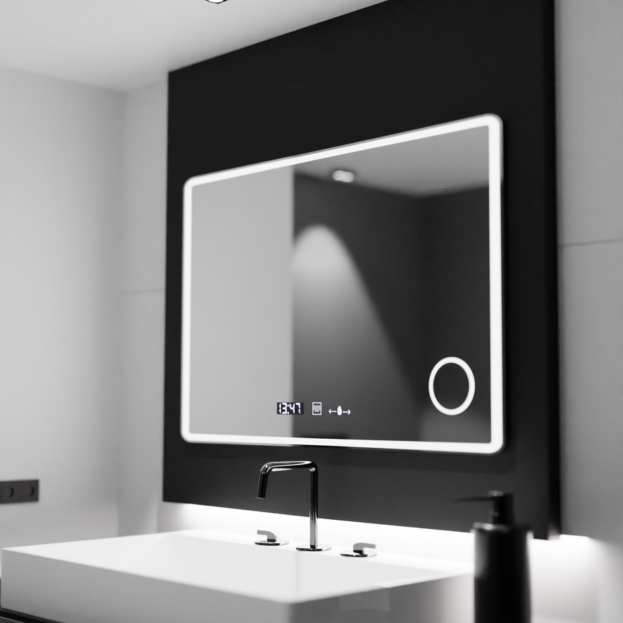 Obdélníkové LED zrcadlo 120x80 Aura Riflesso Puro MotionGlow Marcello, systém odmlžování, teploměr a hodiny, stmívatelná zrcátka Marcello Výchozí název Alessandro Design