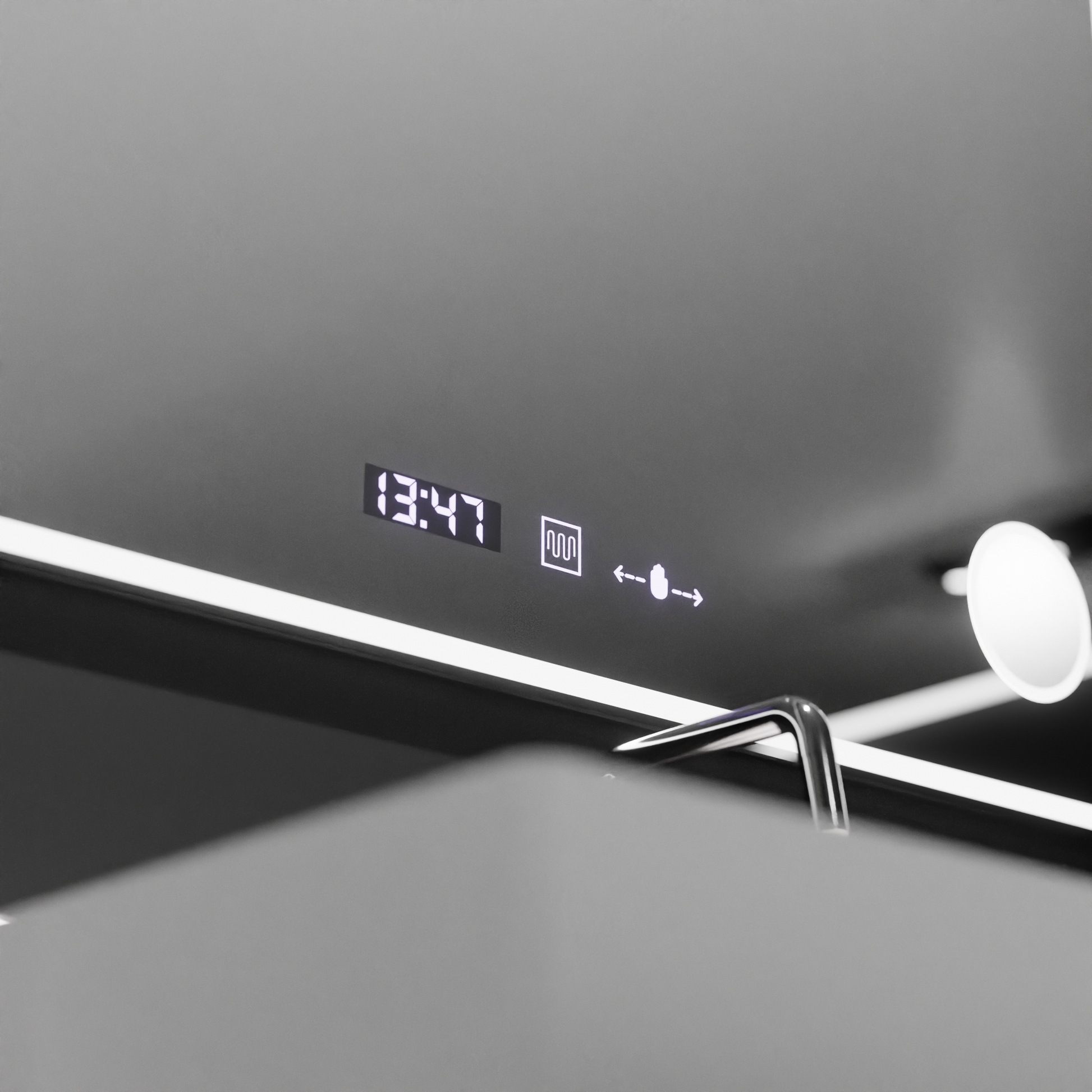 Obdélníkové LED zrcadlo 120x80 Aura Riflesso Puro MotionGlow Marcello, systém odmlžování, teploměr a hodiny, stmívatelná zrcátka Marcello Výchozí název Alessandro Design