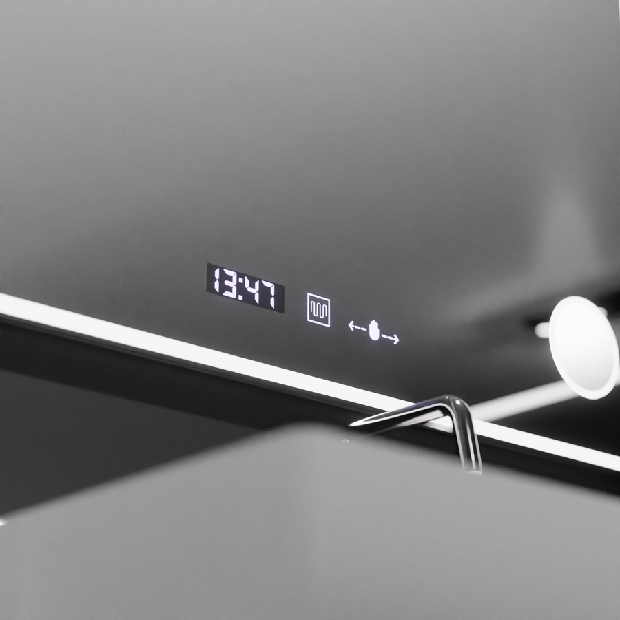 Obdélníkové LED zrcadlo 120x80 Aura Riflesso Puro MotionGlow Marcello, systém odmlžování, teploměr a hodiny, stmívatelná zrcátka Marcello Výchozí název Alessandro Design